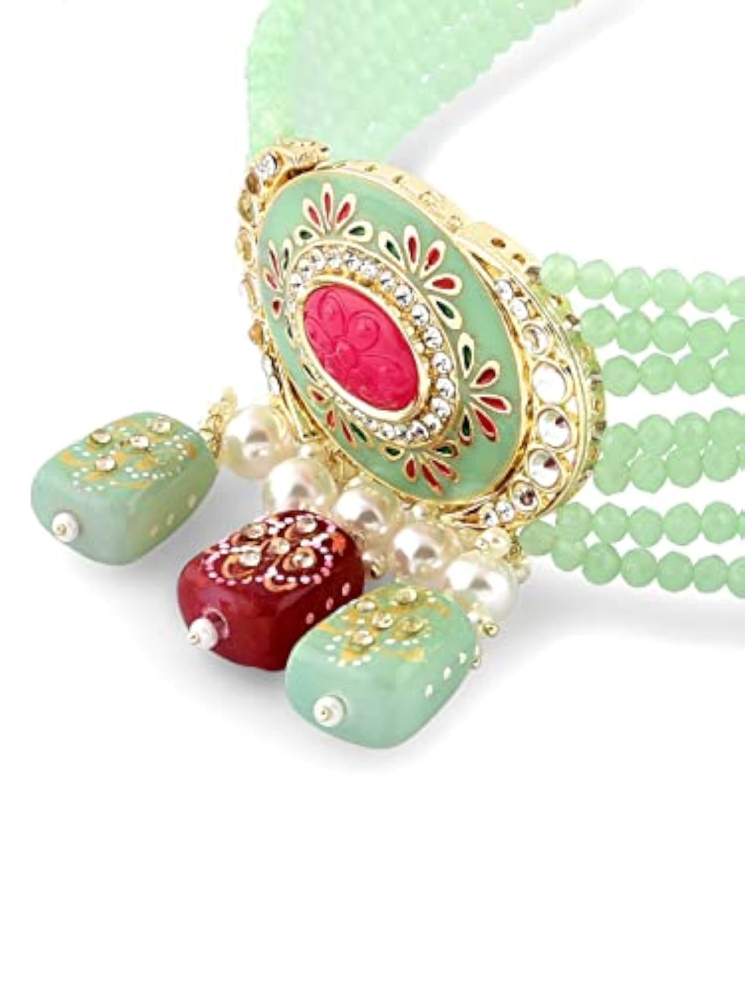 Pink Green Multistrand Necklace Earring Set-ZPFK15371